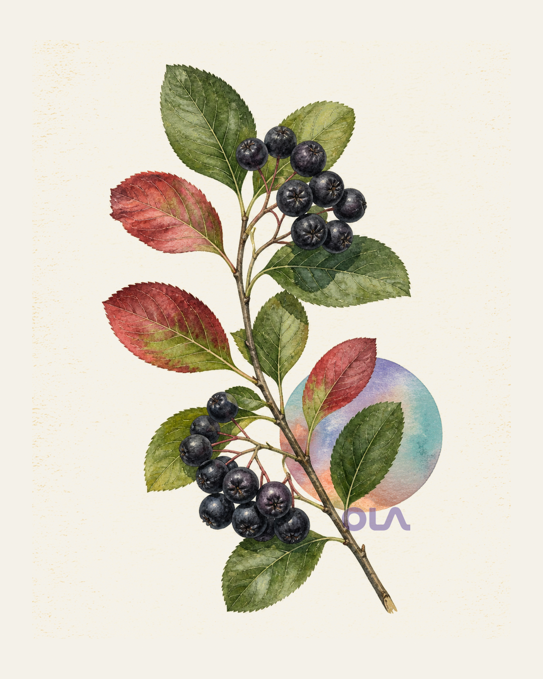 Acuarela botánica contemporánea de Aronia o chokeberry