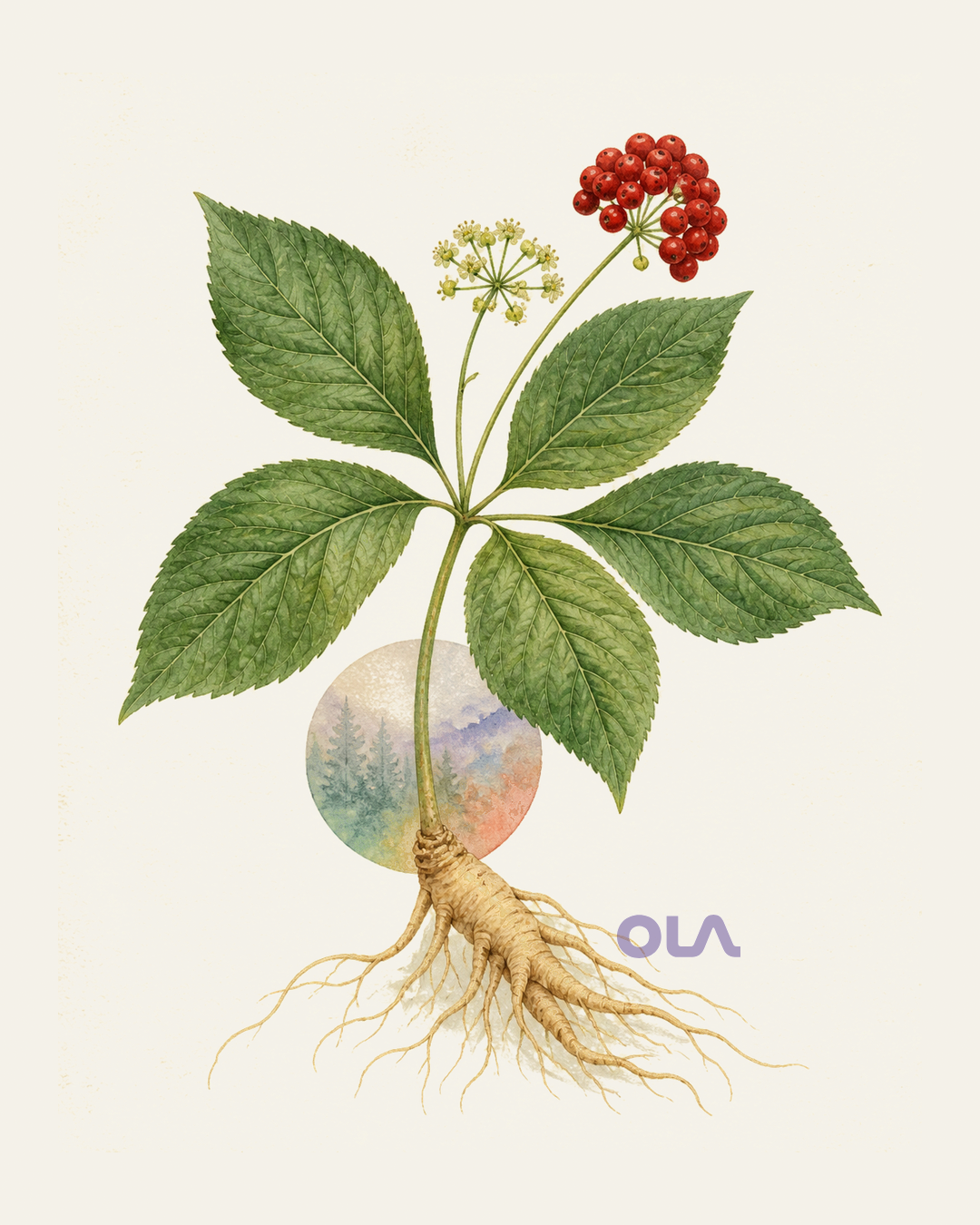 Acuarela botánica contemporánea de Ginseng americano