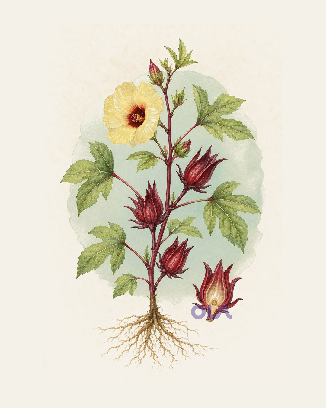 Acuarela botánica contemporánea de hibisco completo, con flor y cálices rojos