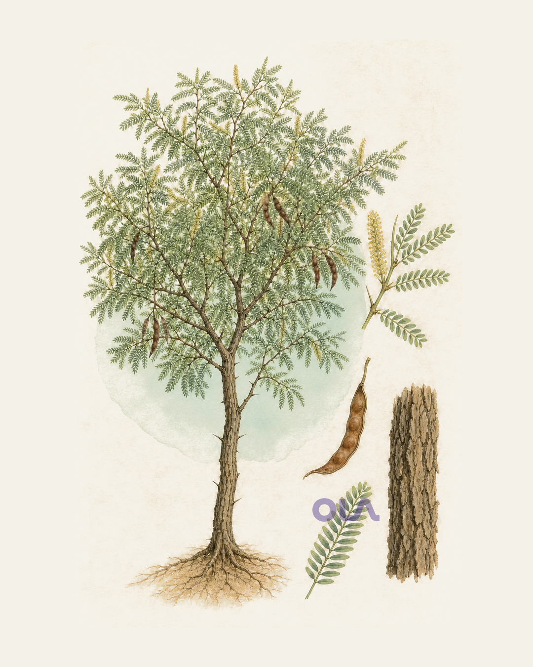 Acuarela botánica contemporánea de ñandubay completo, hojas, flores, vaina y corteza