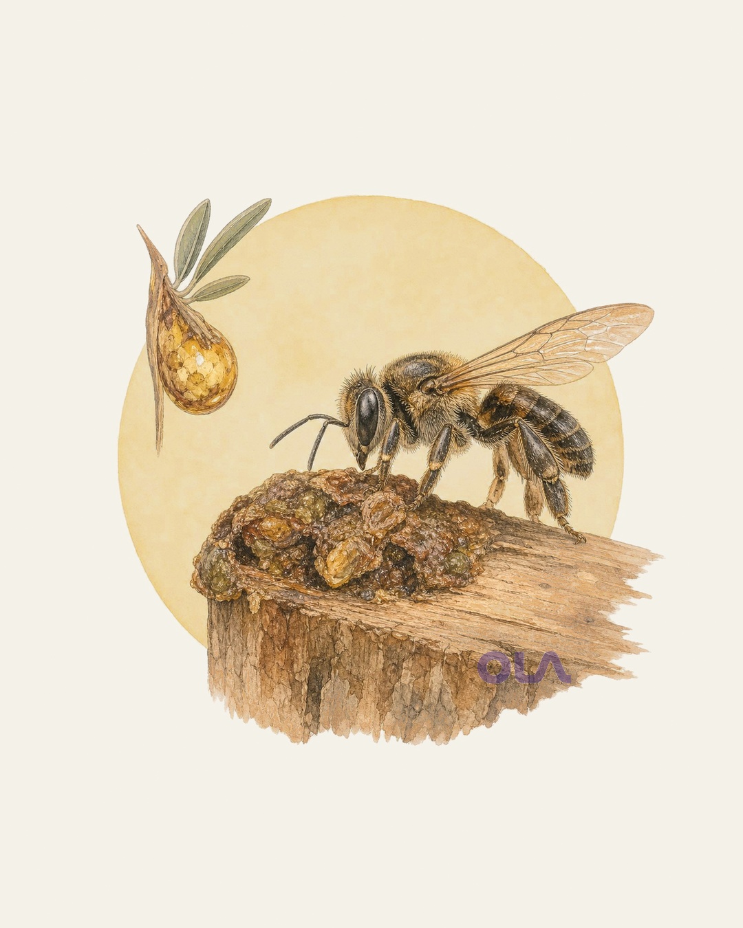 Acuarela naturalista de abeja melipona y propóleo