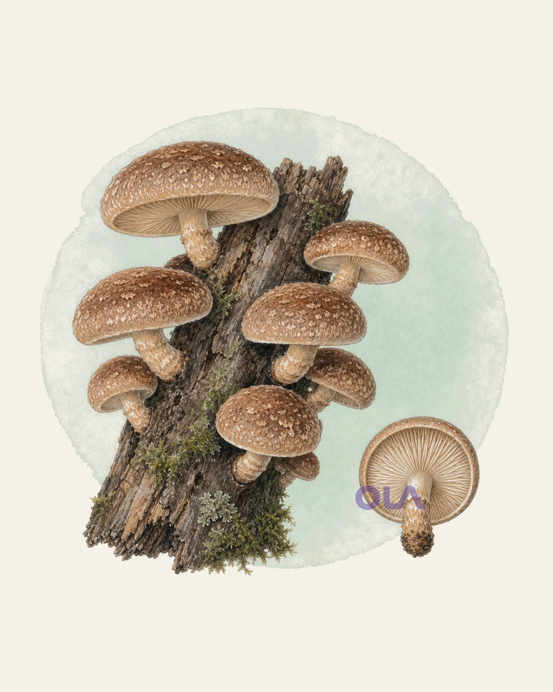 Acuarela micológica contemporánea de shiitake sobre madera