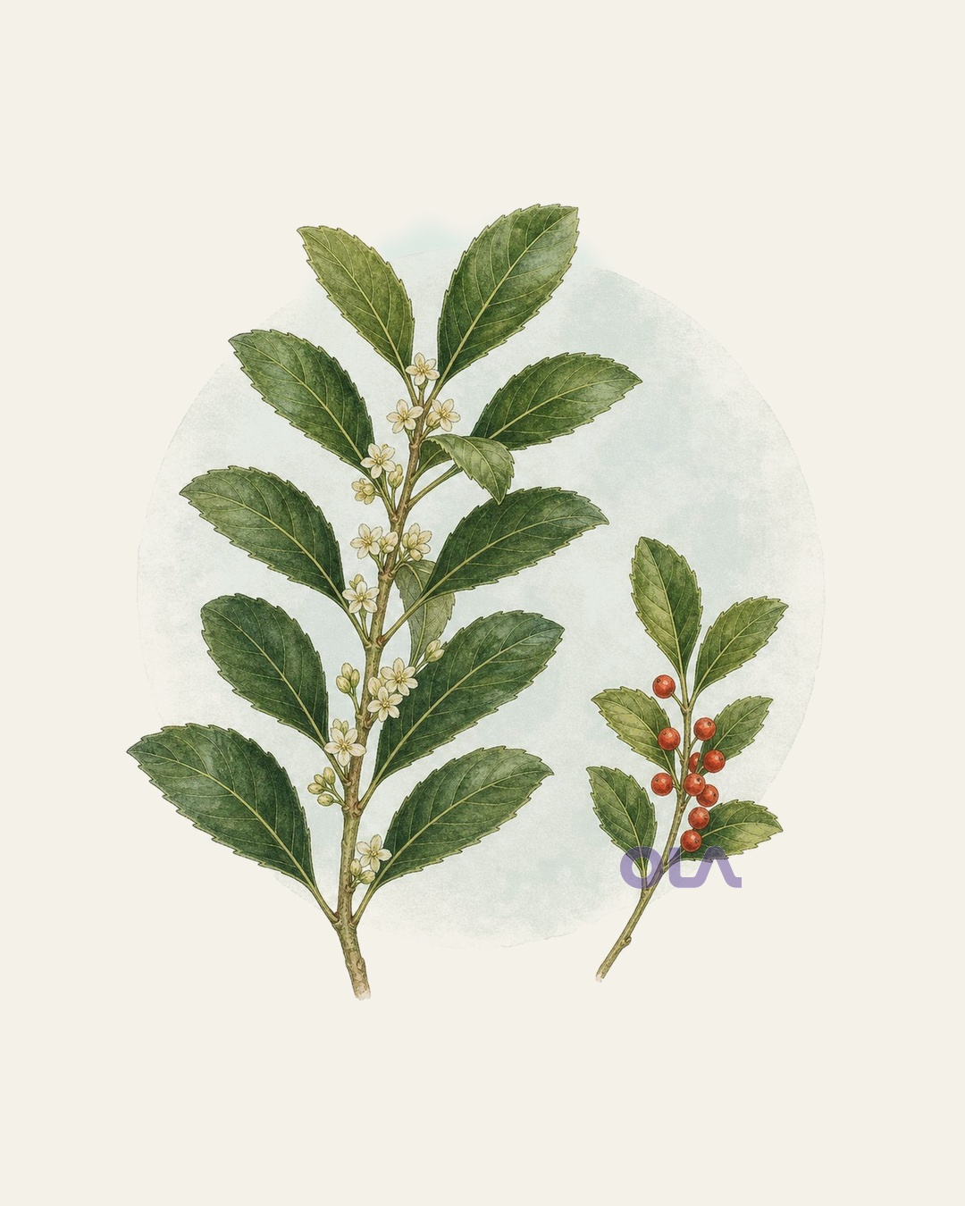 Acuarela botánica contemporánea de yerba mate con flores y frutos