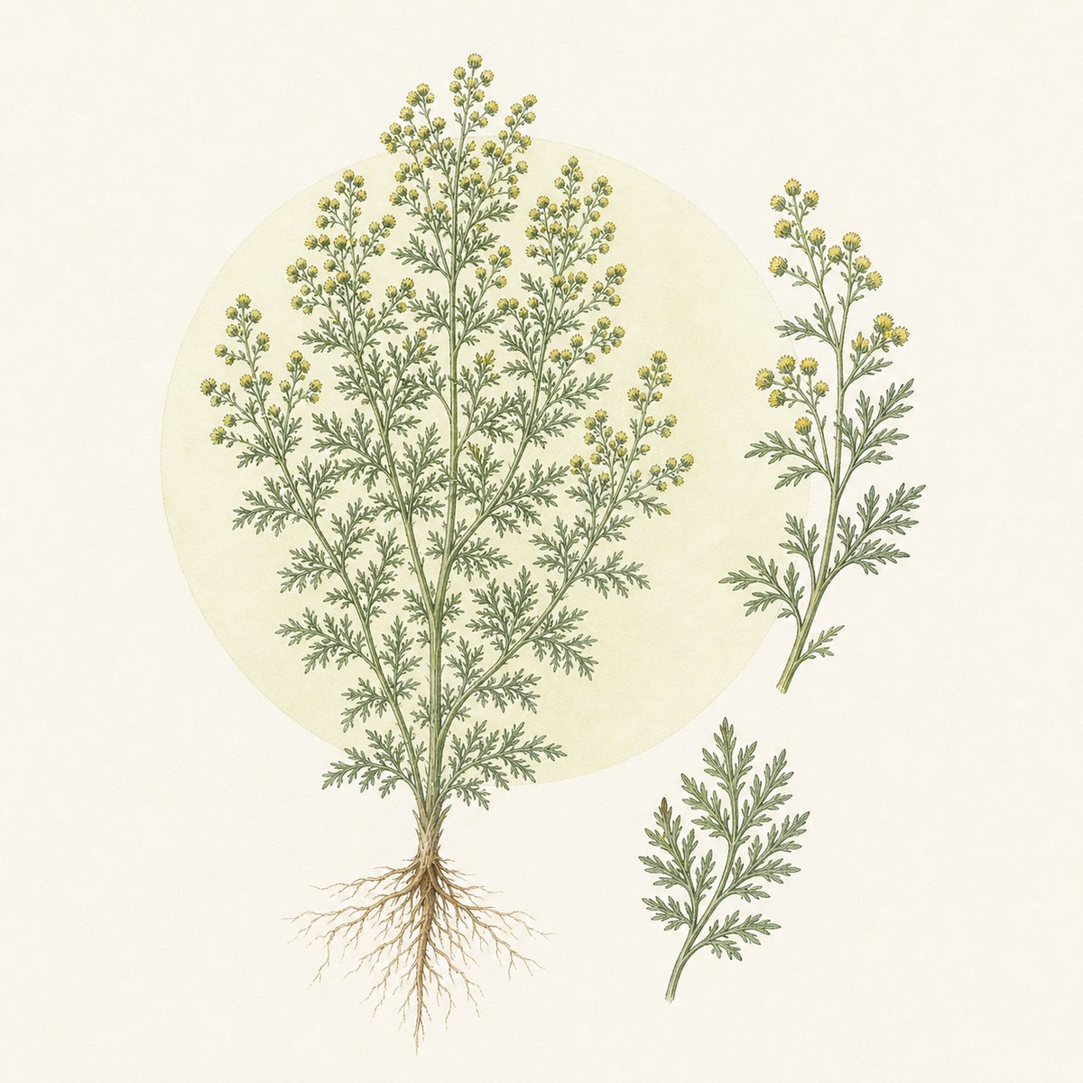 Acuarela botánica contemporánea de Artemisia annua completa