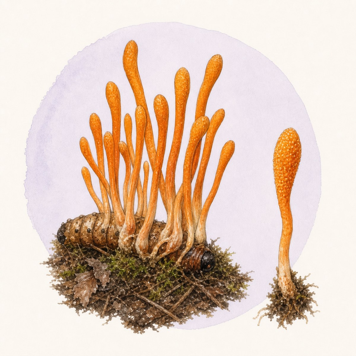 Acuarela micológica contemporánea de Cordyceps militaris