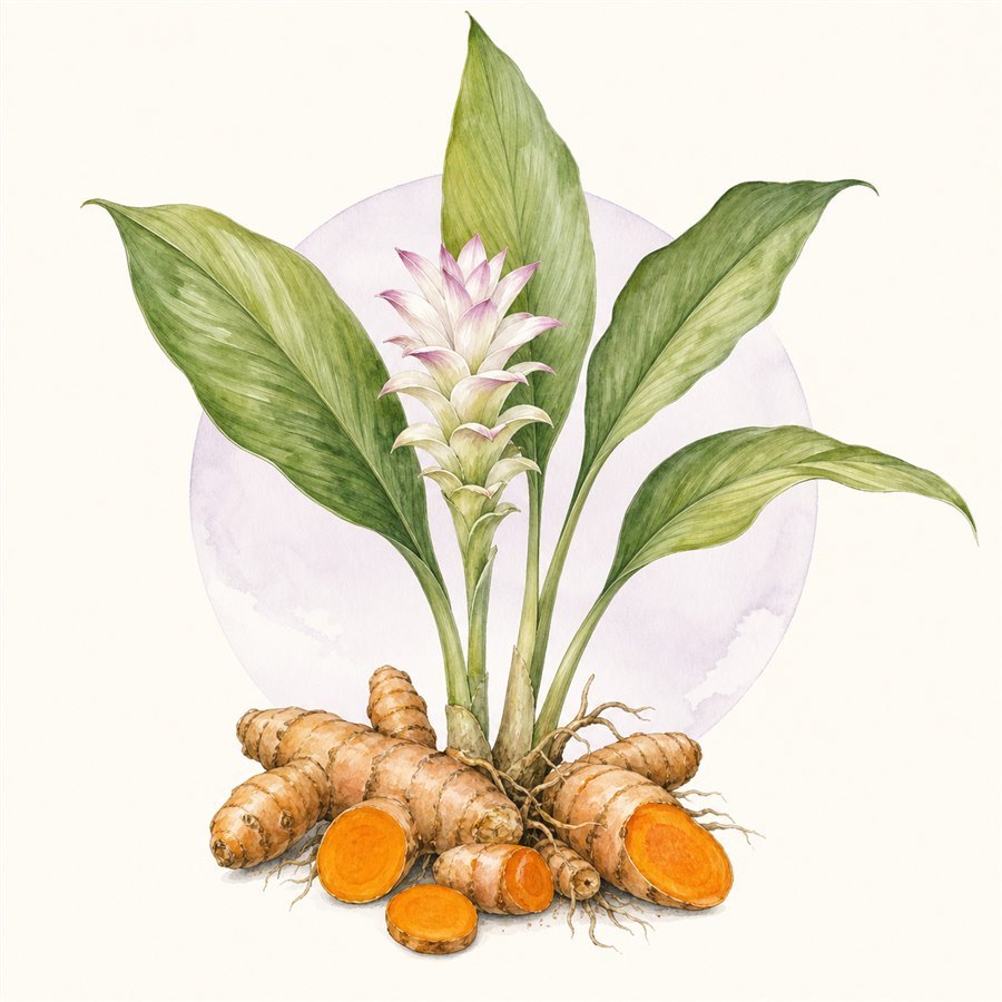 Acuarela botánica contemporánea de cúrcuma