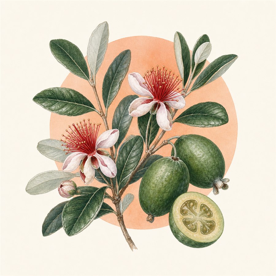 Acuarela botánica contemporánea de guayabo del país