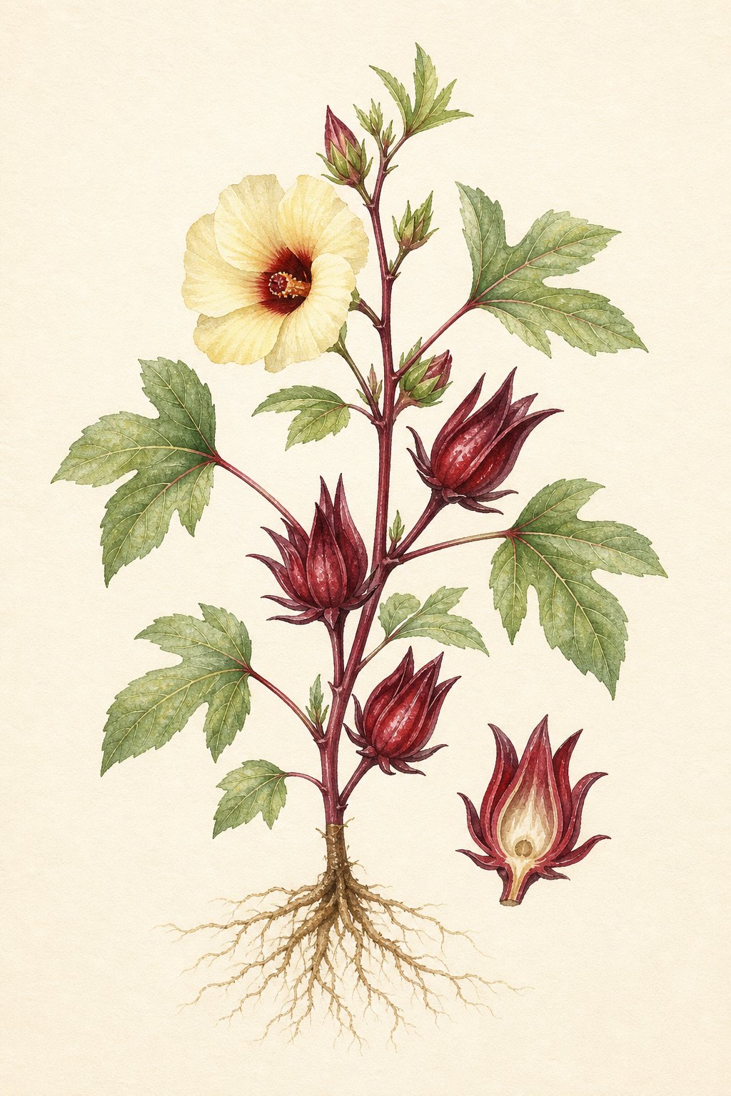 Acuarela botánica contemporánea de hibisco completo, con flor y cálices rojos