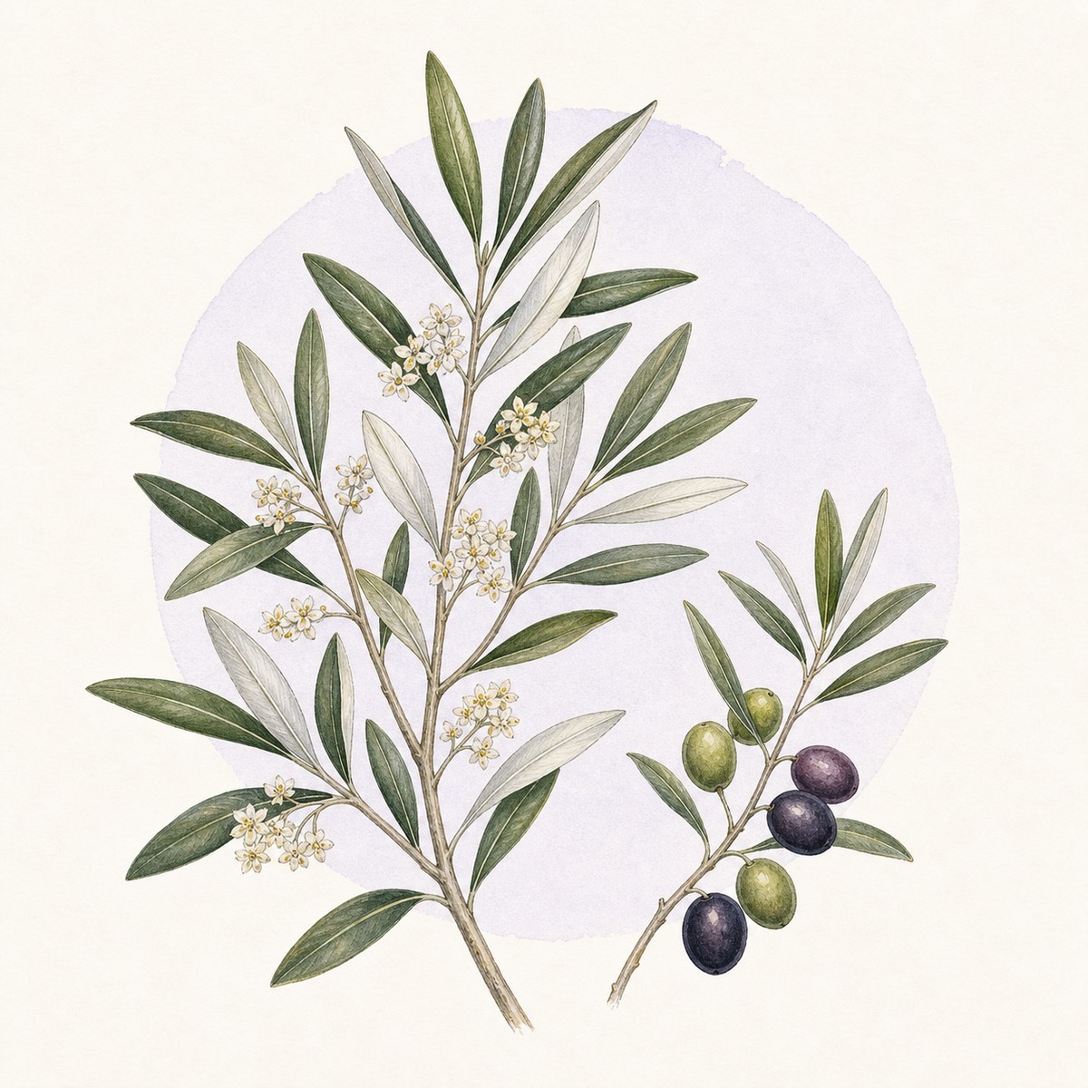 Acuarela botánica contemporánea de hojas, flores y frutos de olivo