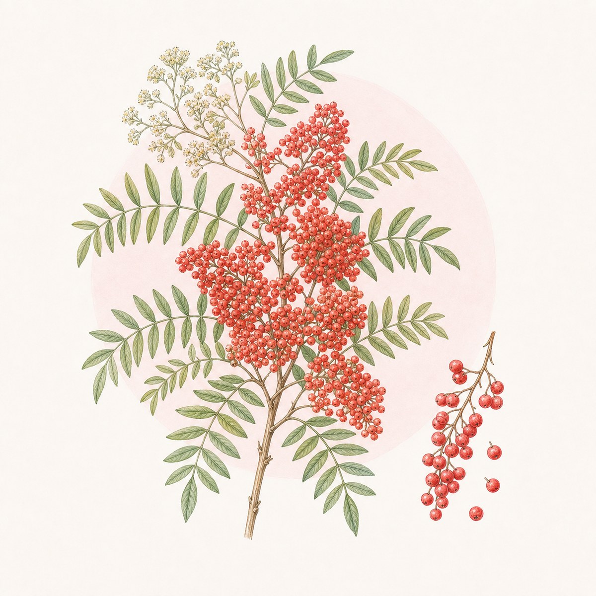 Acuarela botánica contemporánea de pimienta rosa con flores y frutos