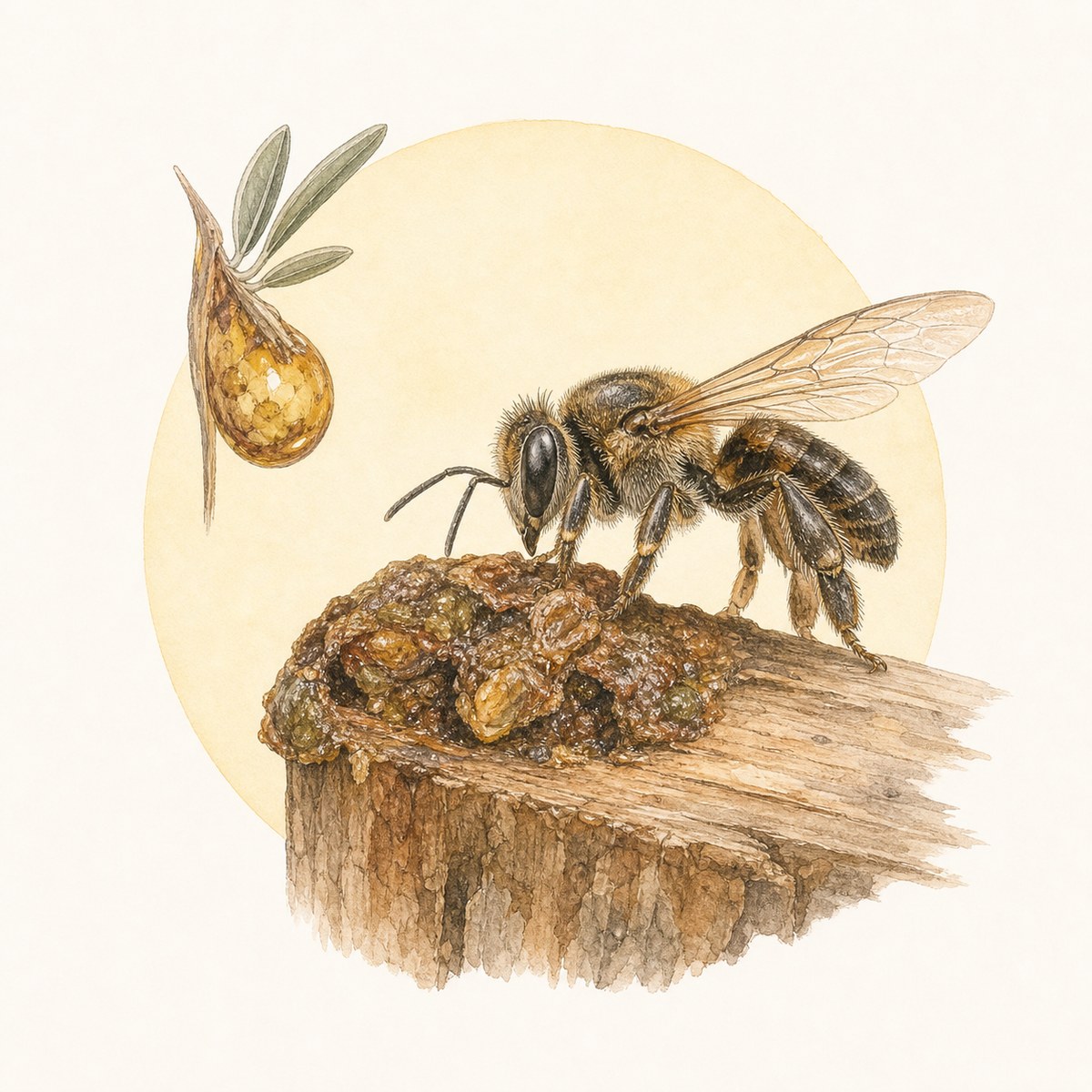 Acuarela naturalista de abeja melipona y propóleo
