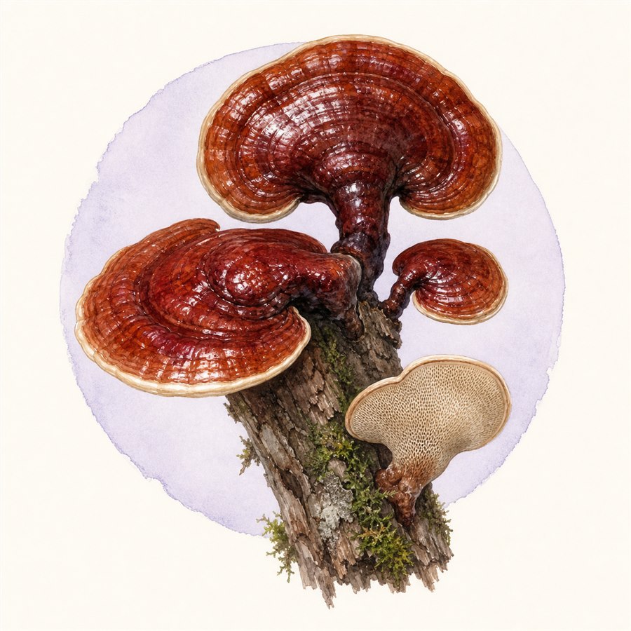 Acuarela micológica contemporánea de reishi