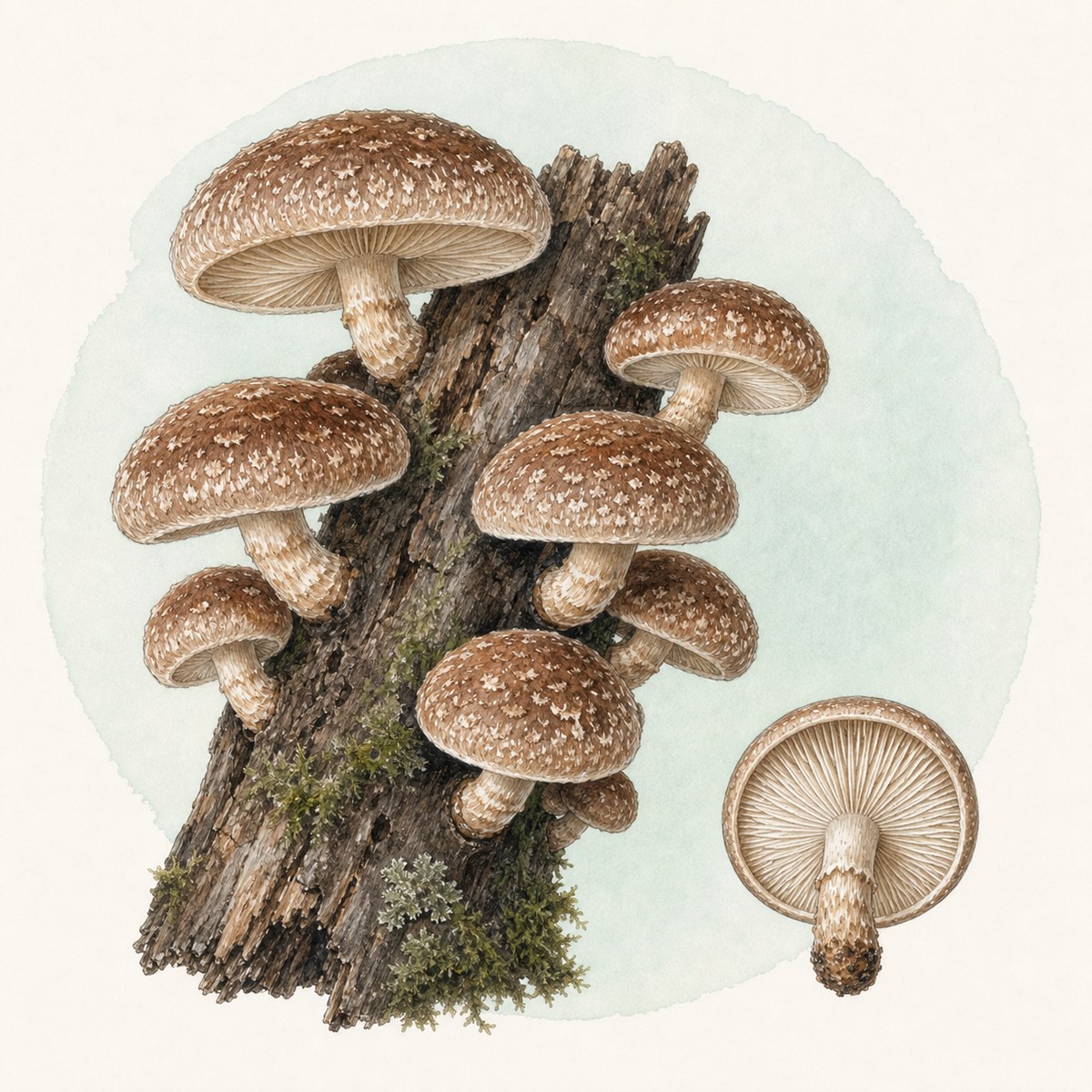Acuarela micológica contemporánea de shiitake sobre madera