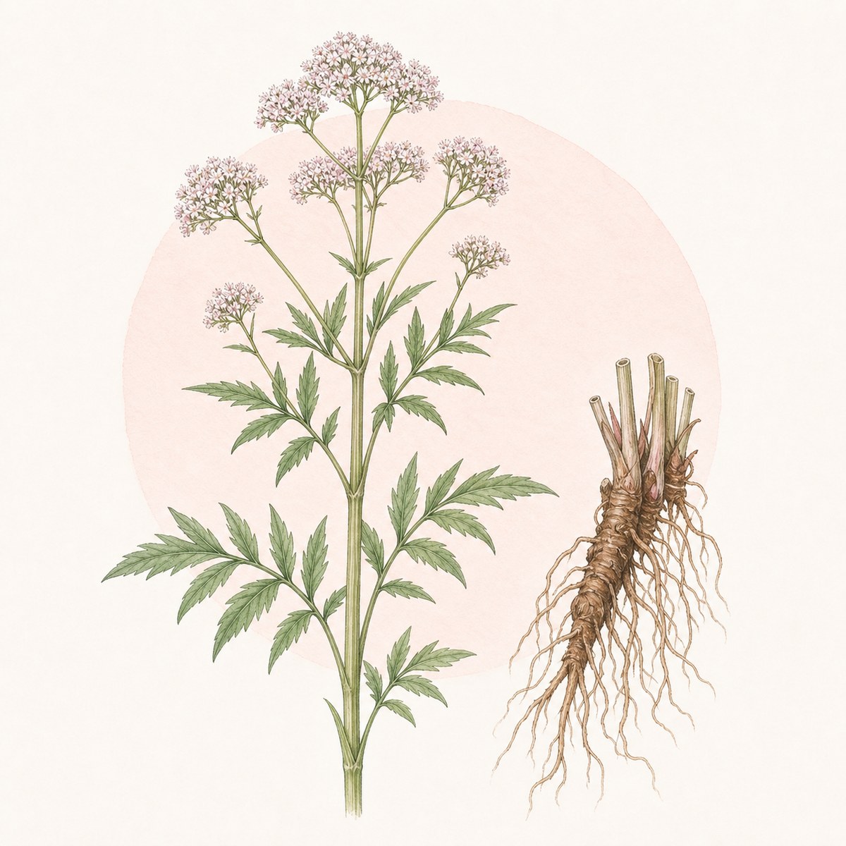 Acuarela botánica contemporánea de valeriana con estudio de raíz y rizoma