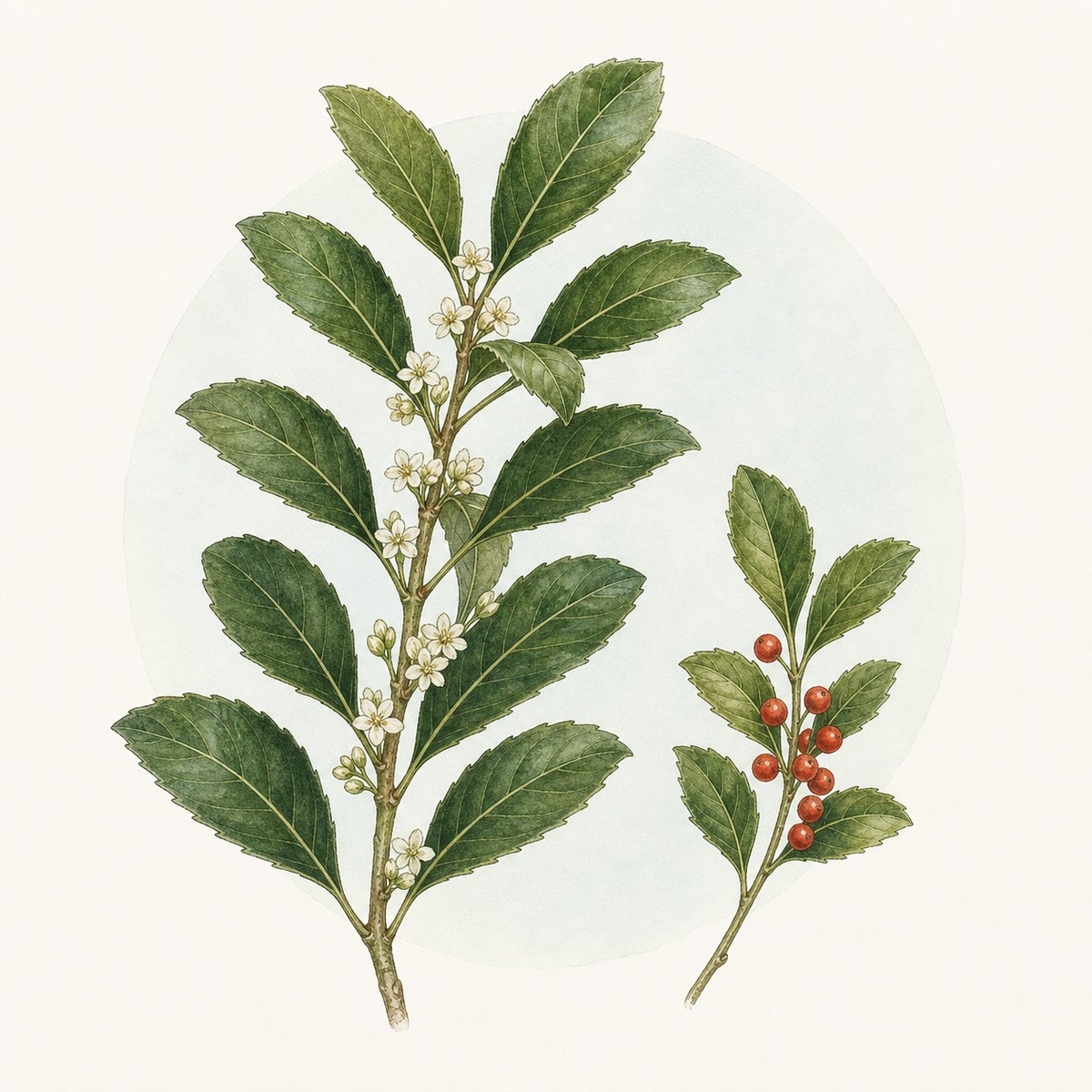 Acuarela botánica contemporánea de yerba mate con flores y frutos